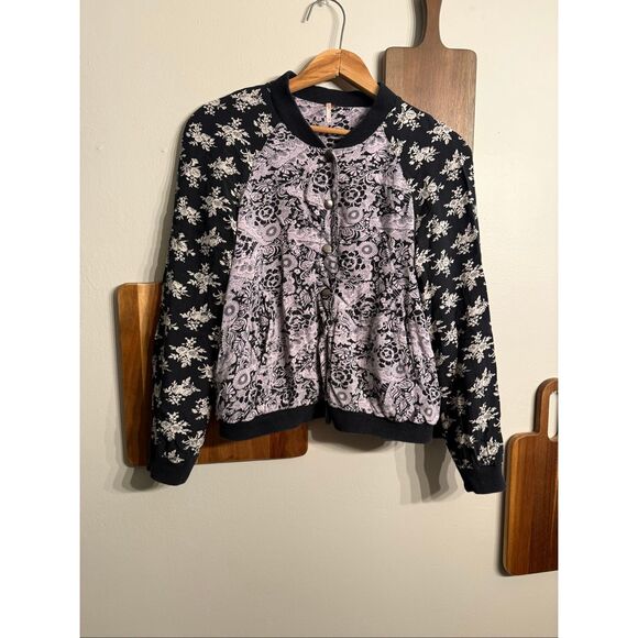 Free People Purple Black Floral Button Front Cropped Baseball Jacket Small - Picture 1 of 6